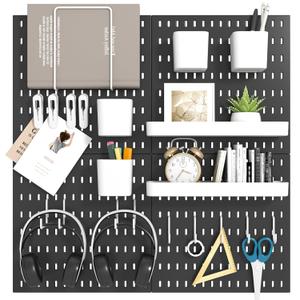 Peg Board Combination Kit, 4 Pegboards with 20 Accessories, Pegboard Wall Organizer for Office, Nursery & Home Storage, Key Holder, 25.6"x25.6" – Nail-Free Installation（Black）