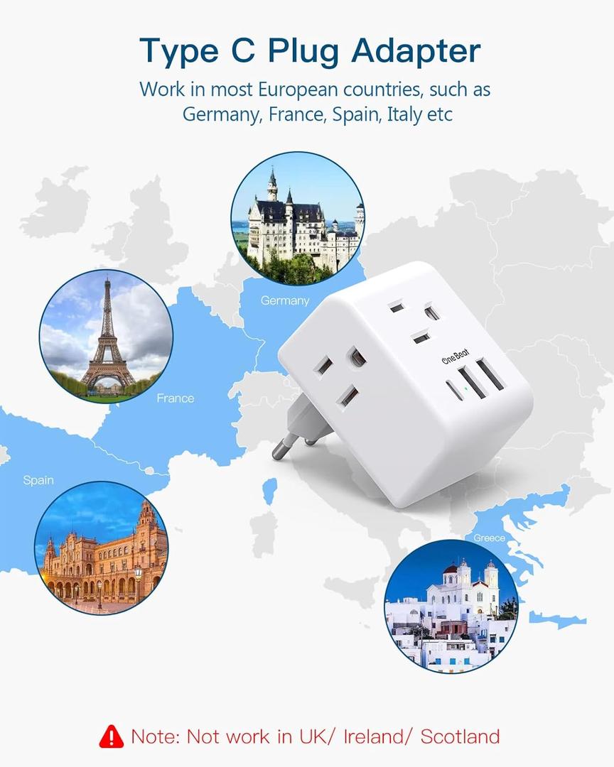 1Pack European Travel Plug Adapter, One Beat International Power Adapter with 3 Outlets 3 USB Ports(1 USB C), Type C Plug Adaptor for US to Europe Italy Spain France Germany Iceland Travel Essentials