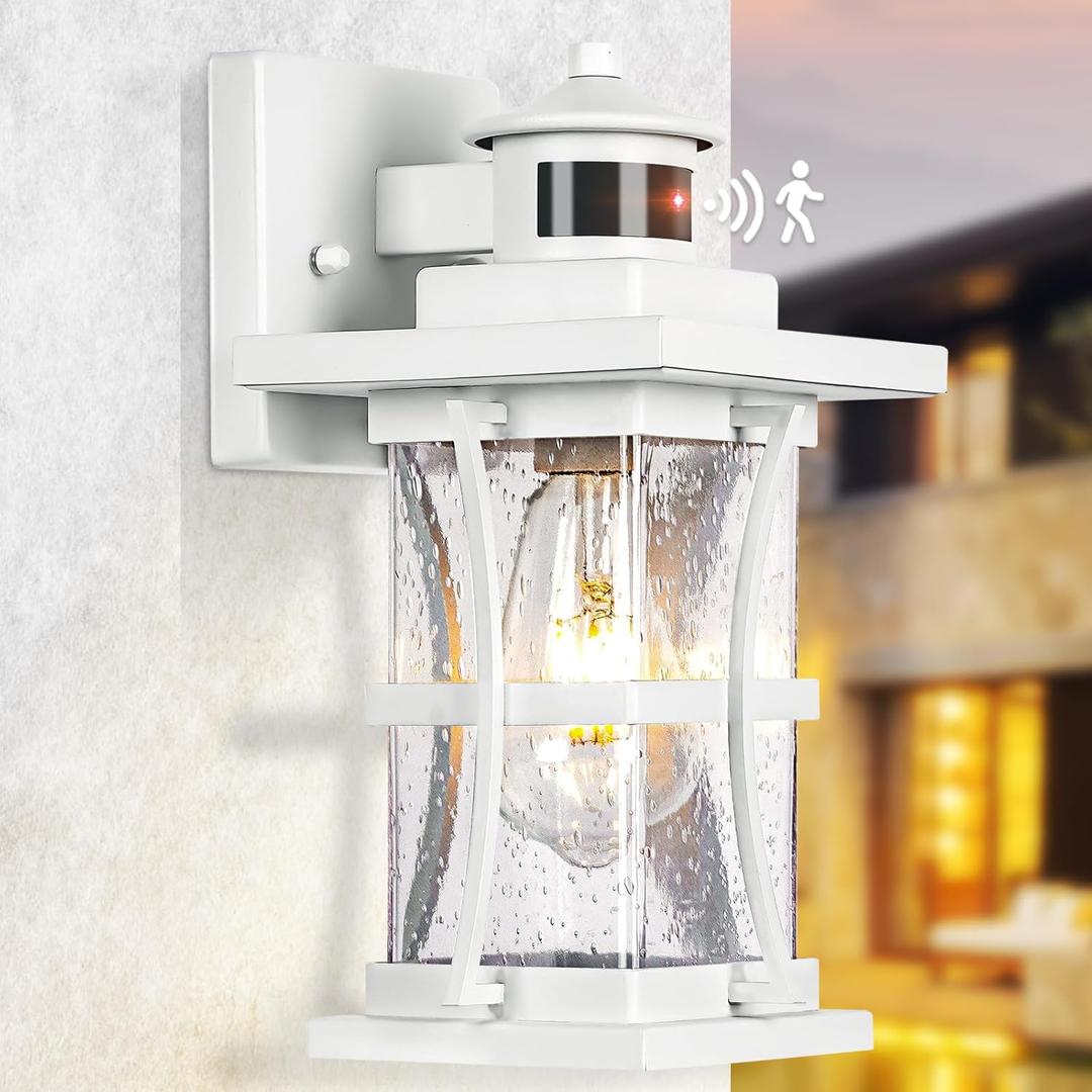 White Motion Sensor Outdoor Lights - Advanced Dusk to Dawn Outdoor Lighting, Waterproof Exterior Light Wall Mount Fixtures, Anti-Rust Porch Outside Lights Wall Sconce for House, Garage, Square (Medium-1-PACK)