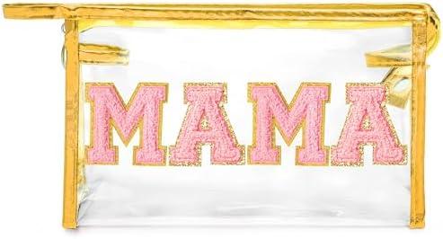 CY2SIDE MAMA Clear Makeup Bag - Pink MAMA Letter Patch Cosmetic Bag with Handle for Travel PVC Zipper Clear Toiletries Waterproof Portable Travel Organizer Case Mother's Day Gift Gold, Pack of 2