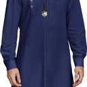 Gafeng Mens Kaftan Thobe Long Sleeve Robe Gown Casual Cotton Linen Button Muslim Shirt (Medium, Navy)