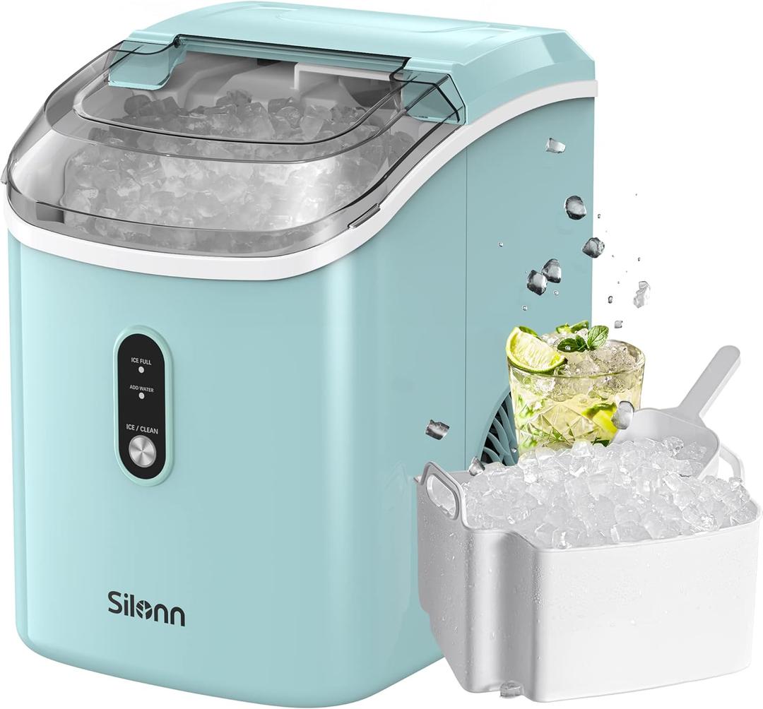 Nugget Ice Maker Countertop, Silonn Chewable Pellet Ice Machine with Self Cleaning Function, Pebble Portable Ice Maker with Ice Scoop for Home Kitchen Office, Green