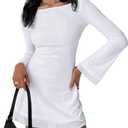Women Sexy Boat Neck Backless Mesh Mini Dress Solid Slim Fit Bell Long Sleeve Self Tie Back Sheer Short Dresses (White, M)