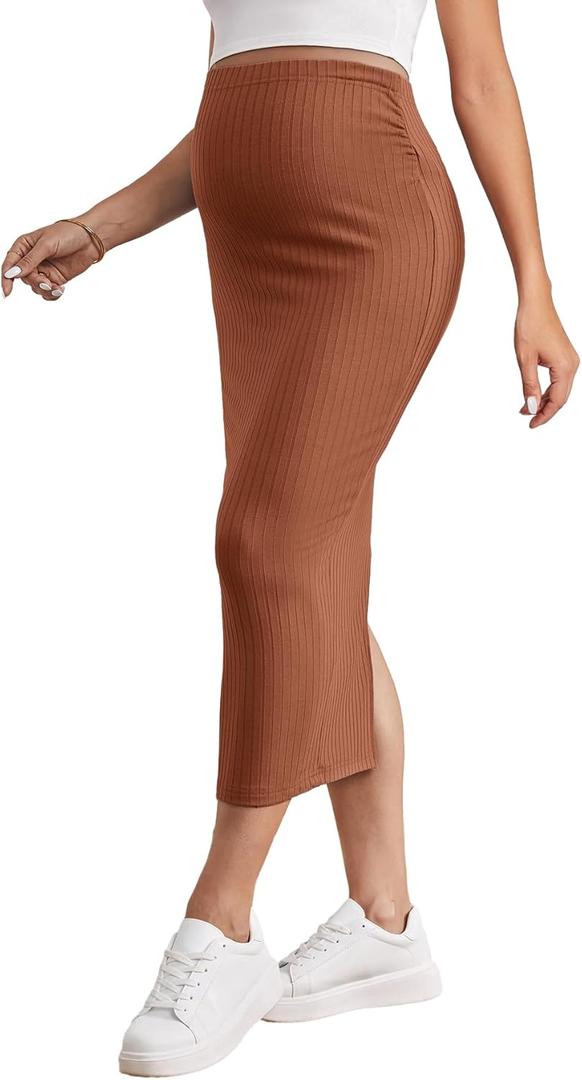 OYOANGLE Women's Maternity Adjustable High Waist Ribbed Knit Split Hem Midi Pencil Skirt (Brown)