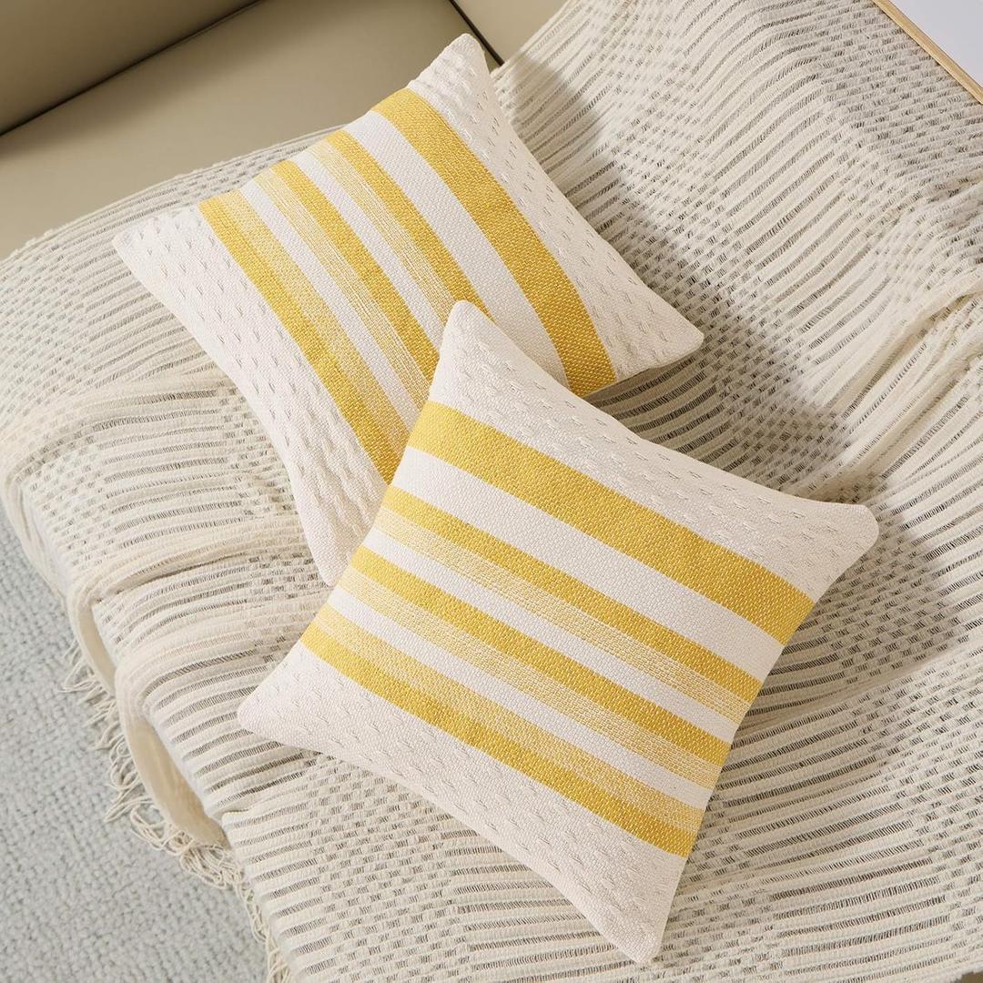 ORTIGIA Boho Decorative Throw Pillow Covers 18x18 Set of 2 Striped Linen Couch Farmhouse Textured Neutral Pillowcase for Home Decor Sofa Bed Living Room Bedroom Outdoor Yellow