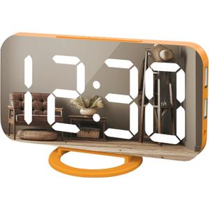 WulaWindy Digital Alarm Clock, Large Mirrored LED Display, with USB Charger, Snooze Function Dim Mode Wall Hanging Beside Desk Clock for Bedroom (Orange)