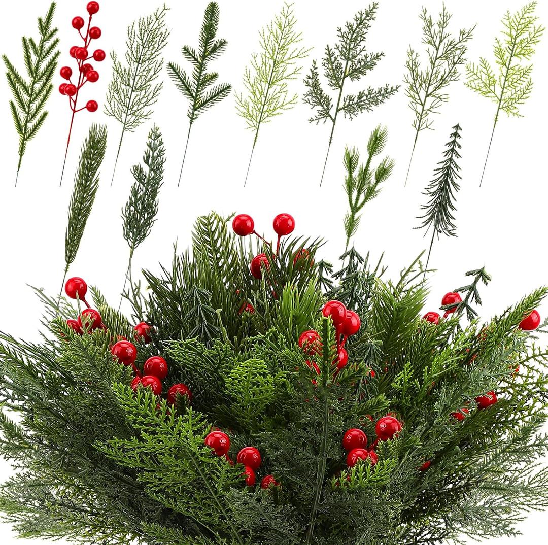 100 Pcs Artificial Pine Needles Christmas Greenery with Red Berry Christmas Floral Picks Artificial Greenery Pine Picks for DIY Garland Wreath Xmas Embellishing Home Garden Decoration