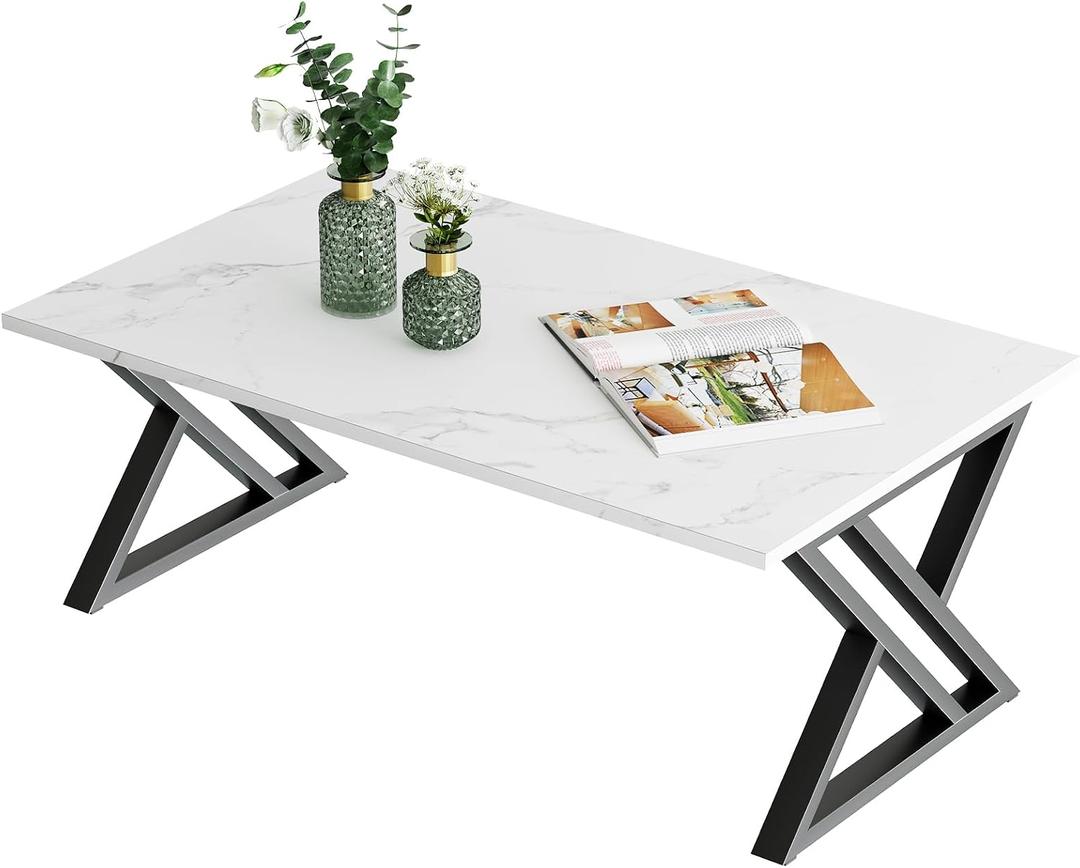 Wolawu Coffee Table White Living Room Center Table, Simple Modern Faux Marble Rectangular Tea Table with Sturdy Black Metal Frame,Industrial Wooden Coffee Table for Bedroom Home Office