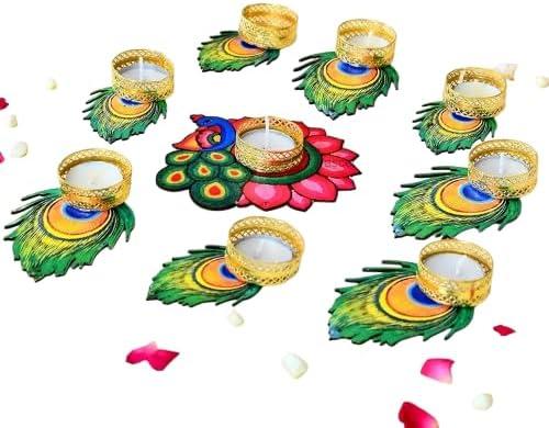 Set of 9 Peacock Mor Pankh Tealight Holders  Reusable Diwali Diya & Rangoli Dcor