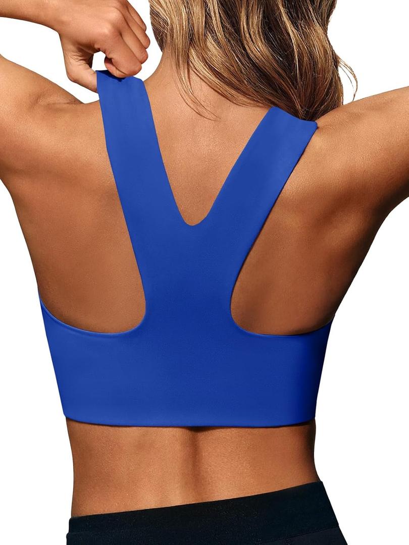 Aoysky Womens Buttery Soft Square Neck Sports Bras Compression Padded Longline Yoga Workout Running Crop Tops (Large, Blue)