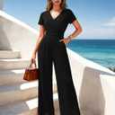 LOOKBOHO Women Dressy Casual Jumpsuits Elegant High Waist Side Ruched Romper Summer Short Sleeves Wide Leg Pants (Black, S)