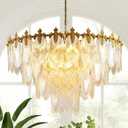 KELUOLY Modern Large Crystal Chandelier, 4-Layer Gold Glass Chandelier, 12 Light Round Antique Ceiling Pendant Light, 31.5 Inchs Adjustable Height for Foyer, Living Room, Bedroom, Dining Room
