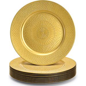 DEAYOU 12 Pack Gold Charger Plate, 13 Inch Beaded Chargers for Dinner Plates, Plastic Reusable Round Charger Platters for Wedding, Table Setting, Serving, Party, Decoration, Event, Holiday