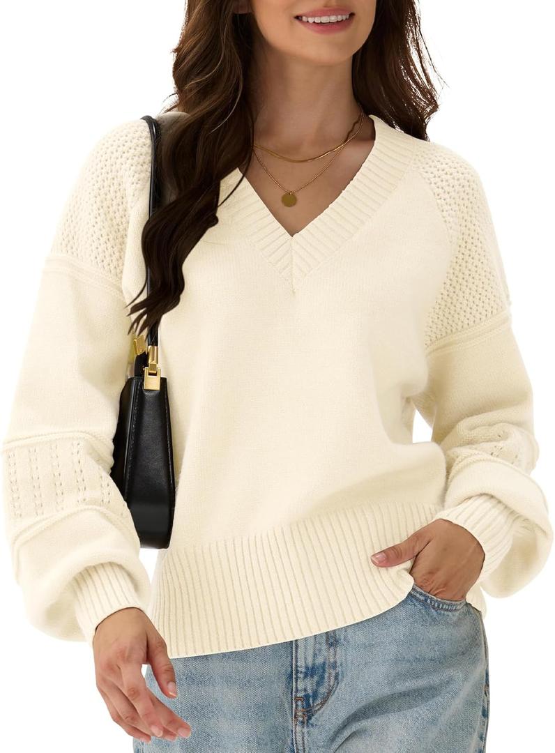 ZAFUL Womens 2025 Cropped Sweaters Fall Chunky Long Sleeve V Neck Clothes Cozy Casual Outfits Winter Trendy (White) M