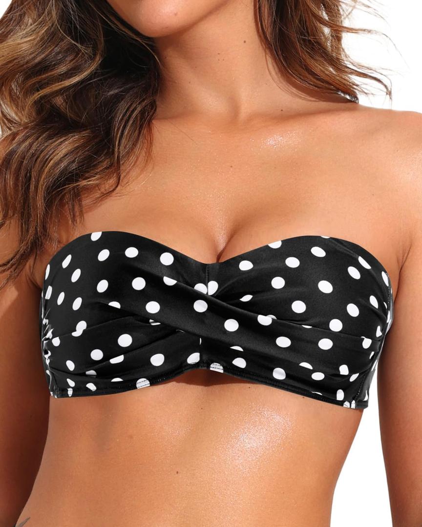 Tempt Me Women Twist Bandeau Bikini Top Strapless Swimsuit Top Only (Large, Polka Dot)