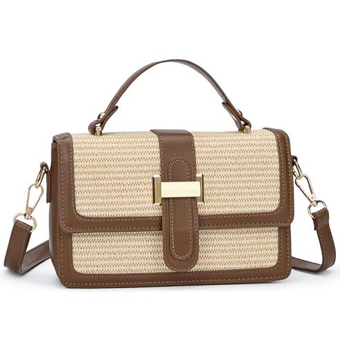 IDELCHOIS Straw Crossbody Purses Bags for Women, Top Small Summer Handbags Beach Vacation Clutch Leather Shoulder Bag, Brown