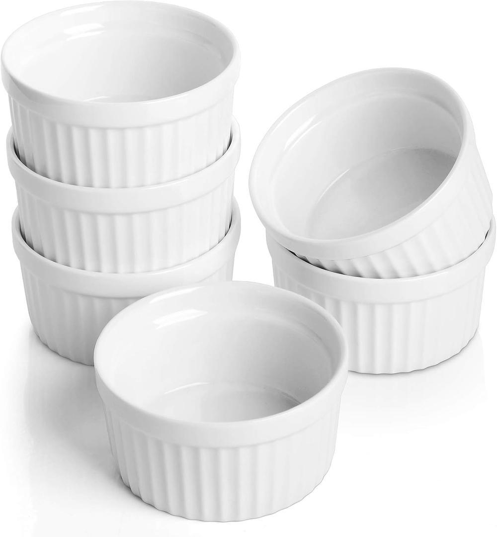 Samsle Porcelain Ramekins 4 oz Oven Safe, Small Souffle Dishes for Creme Brulee, Ice Cream, Dipping and Sauces Cup, Ceramic White Mini Baking Bowls Set of 6