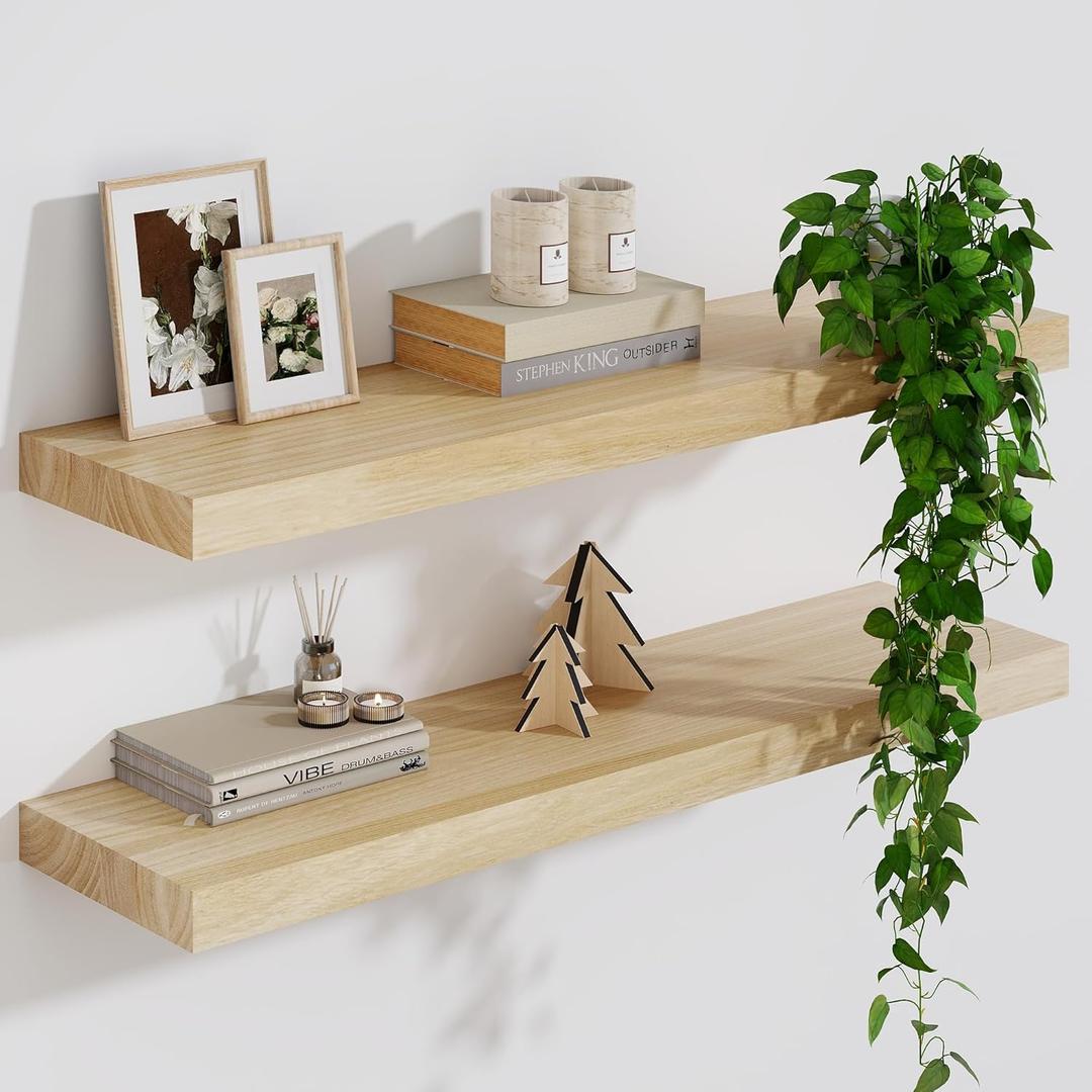 Solid Wood Floating Shelves For Wall, 24”W x 9”D x 1.56”H Large Wall Shelves for Living Room Bedroom Bathroom Kitchen Drcor Storage with Invisible Heavy-Duty Metal Bracket, Natural, Set of 2