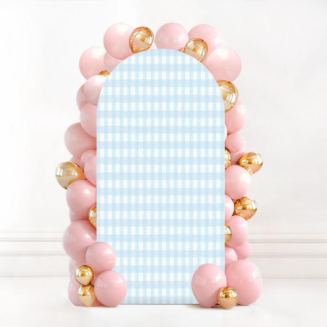 7.2FT Wedding Arch Backdrop Cover Light Blue Gingham Spandex Fitted Round Top Arch Stand Covers for Birthday Party Baby Shower Banquet Decoration (Color2)