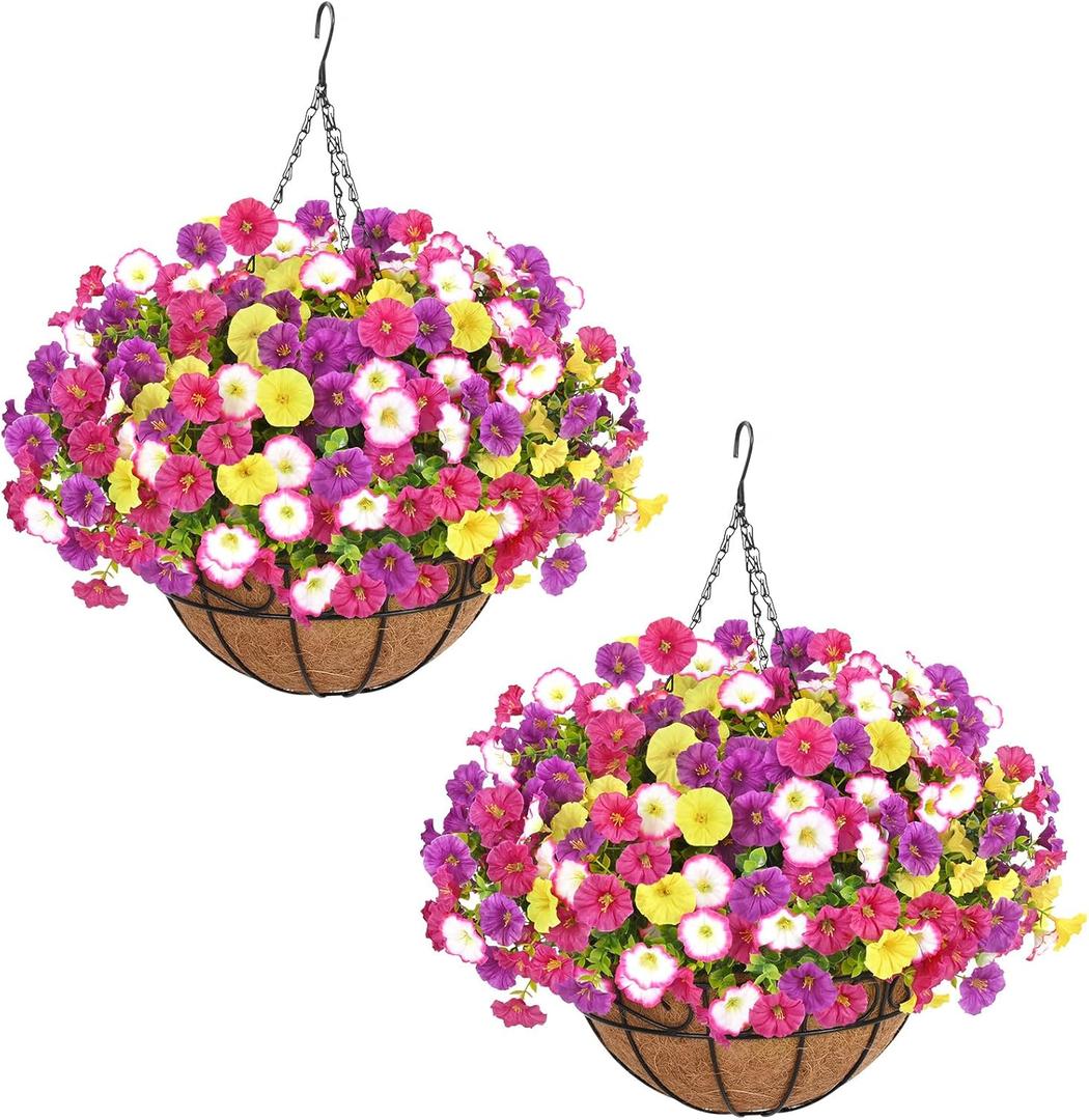 Elyum 2 Pack Artificial Hanging Flowers for Outdoors, Fake Flowers Artificial Petunias Hanging Baskets for Outdoors, UV Resistant Fake Hanging Plants Flowers for Outside Garden Patio Porch Decor