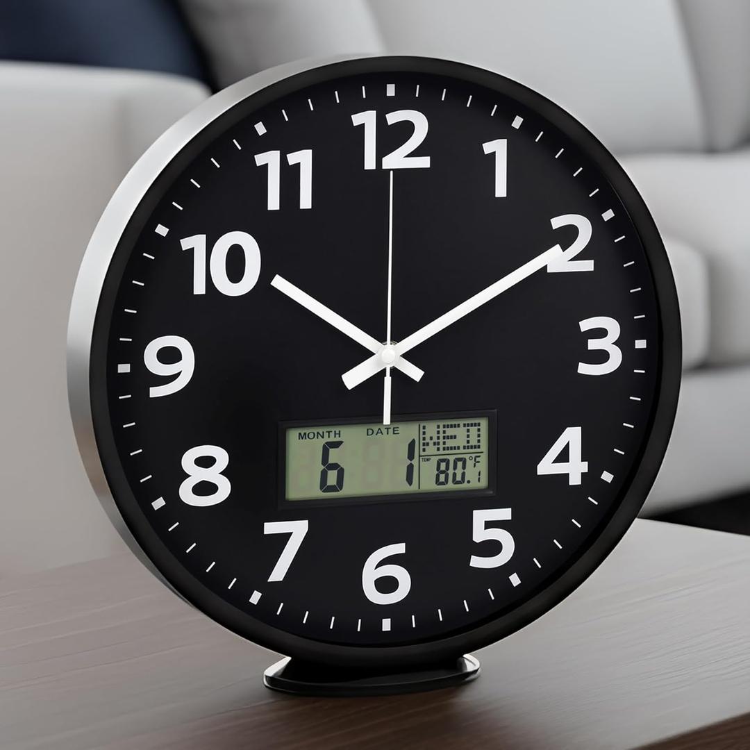 zyzamay 12 Inch Modern Black Indoor/Outdoor Wall Clock with LCD Display Thermometer & Week & Date, Silent Accurate Timekeeping, Large White Numbers in Black Dial