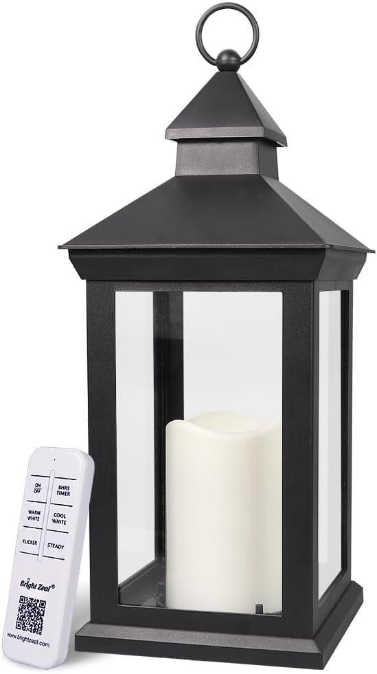 14" Decorative Candle Lantern Black Outdoor Lanterns Timer Candles - IP44 Waterproof Vintage Lanterns Battery Powered LED Decorative for Wedding - Warm White Hanging Wall Lanterns Indoor