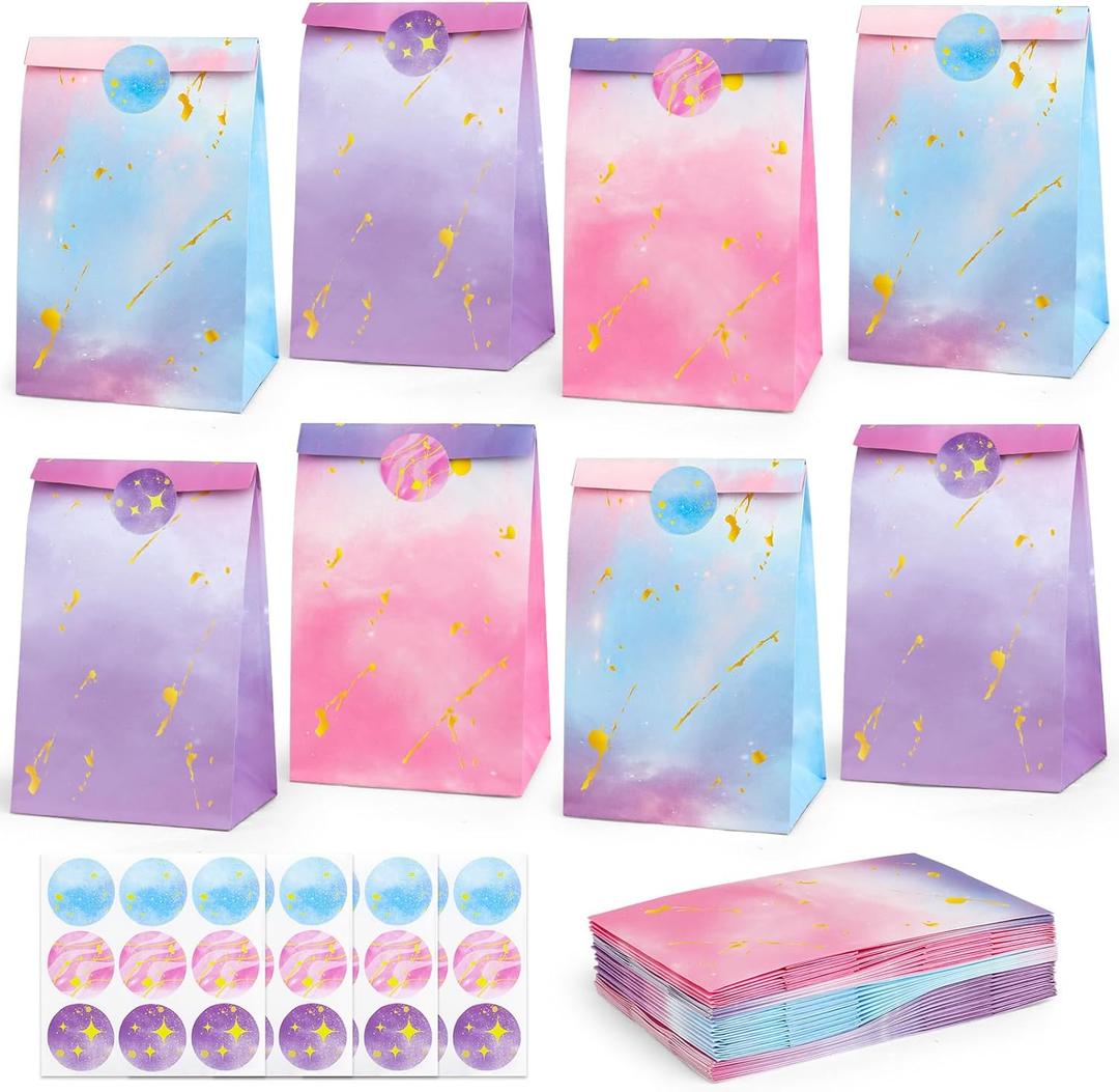 HEJIN 30PCS Tie Dye Party Bags with Stickers, Pink and Purple Small Gift Bags, Mermaid Unicorn Birthday Party Favors Bags for Girls Goodie Bags for Kids Birthday Party, Baby Shower, Halloween, Wedding