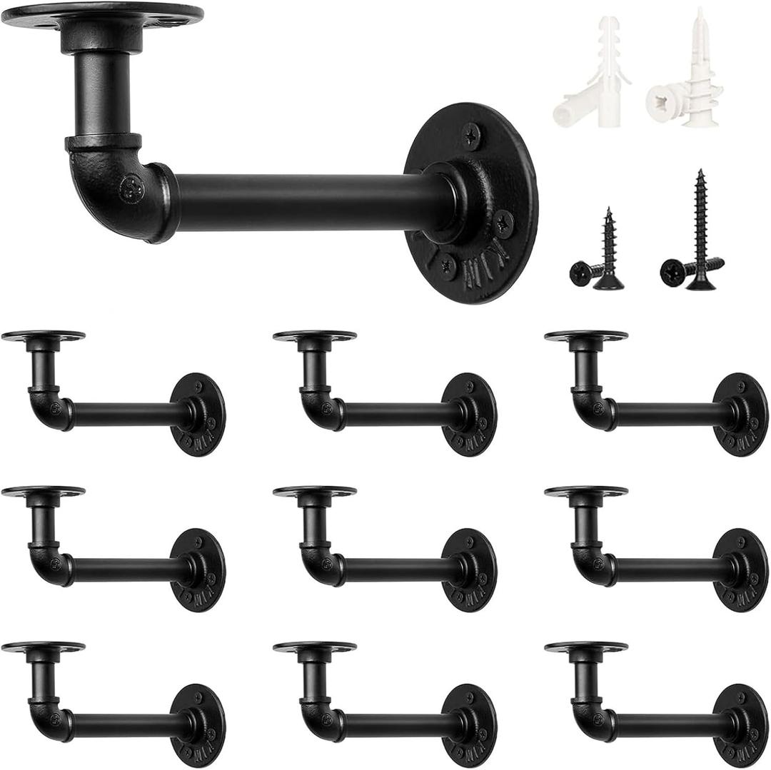 LuckIn 10 Pack Pipe Shelf Brackets for DIY 8 10 12 14 Inch Floating Shelves, Industrial Style, Matte Black (for 8"-14" board)
