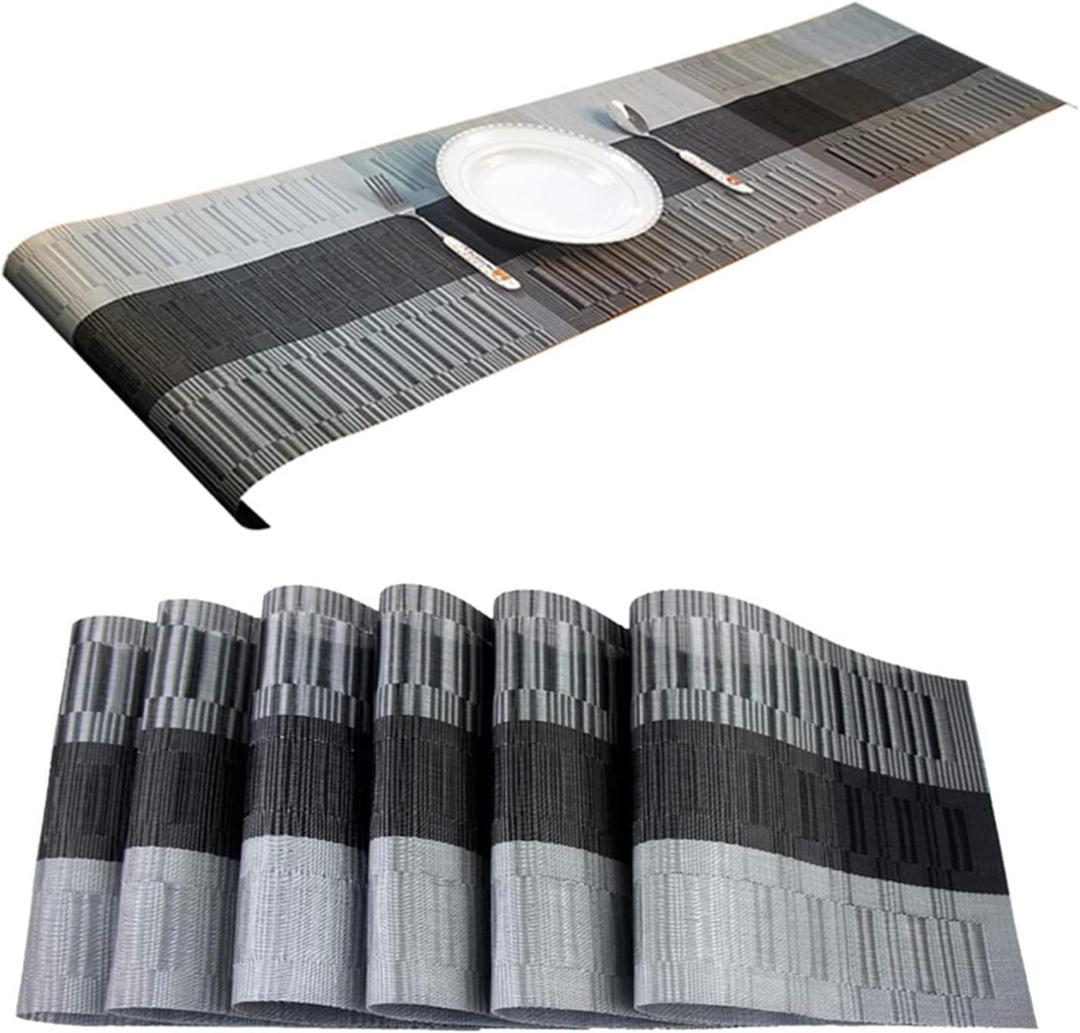 Placemats, Washable PVC Table Mats, Woven Vinyl Placemat for Dining Table Place Mats Set (6 Placemats and 1 Table Runner, Black and Grey)