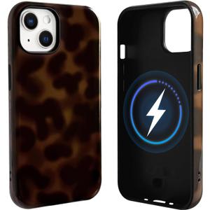 NITITOP Compatible with iPhone 14 Plus / 15 Plus Case Magnetic Compatible with MagSafe Cute Leopard Amber Aesthetic Tortoise Design for Women Men Girls Soft TPU Shockproof Protective Cover - Brown