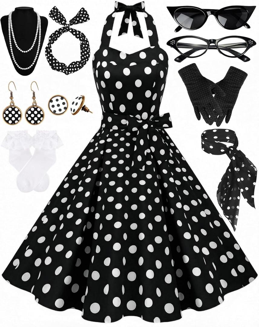 Women's 1950s Polka Dress Set Audrey Vintage-Inspired Cocktail Halter Swing Dress with Accessories 10PCS (Large, Black)