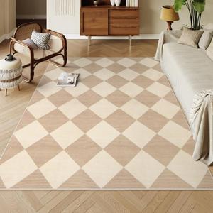 Beeiva Checkered Print 5x7 Washable Area Rugs for Bedroom, Non Slip Ultra Thin Beige Rugs for Living Room, Moroccan Neutral Soft Low Pile Carpet for Office Dining Room Playroom Kids Room (5'x7')