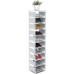 Narrow Shoe Rack, 10 Tier Vertical Shoe Rack for Closet Entryway, White Tall Slim Shoe Tower for Small Spaces, Shinky Shoe Organizer, Space Saving Corner Shoe Shelf