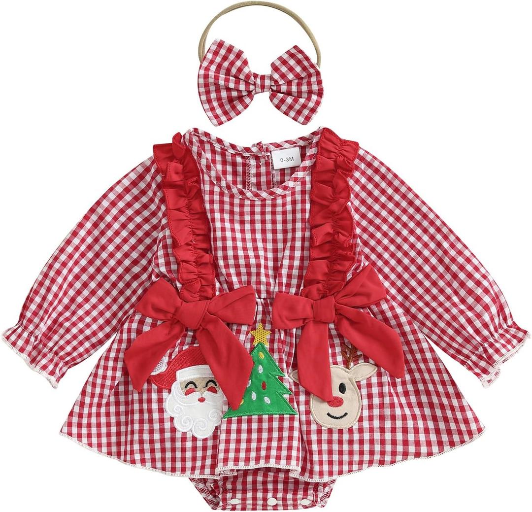 Baby Girl Christmas Outfit Newborn Girl Xmas Santa Romper Dress Bowknot Onesie Cute Fall Winter Baby Clothes (0-3 Months, Red Plaid)