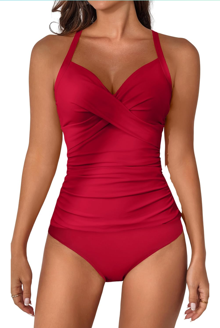 B2prity Women's Ruched Tankini Swimsuits V Neck Wrap Tie Back Two Pieces Bathing Suit Tummy Control Swimwear, M