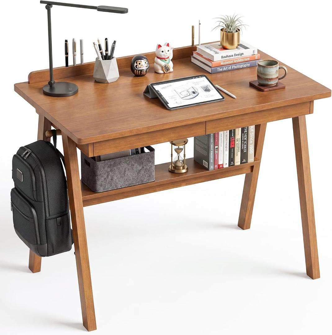 Solid Wood Desk with Drawers & Storage Shelf - 40 x 24 Inch Mid Century Modern Desks, Vintage Writing Desk with Deeper Desktop&Hooks, Home Office Computer Desks for Bedroom & Home-Walnut Color, 39.4 in W x 23.6 in D
