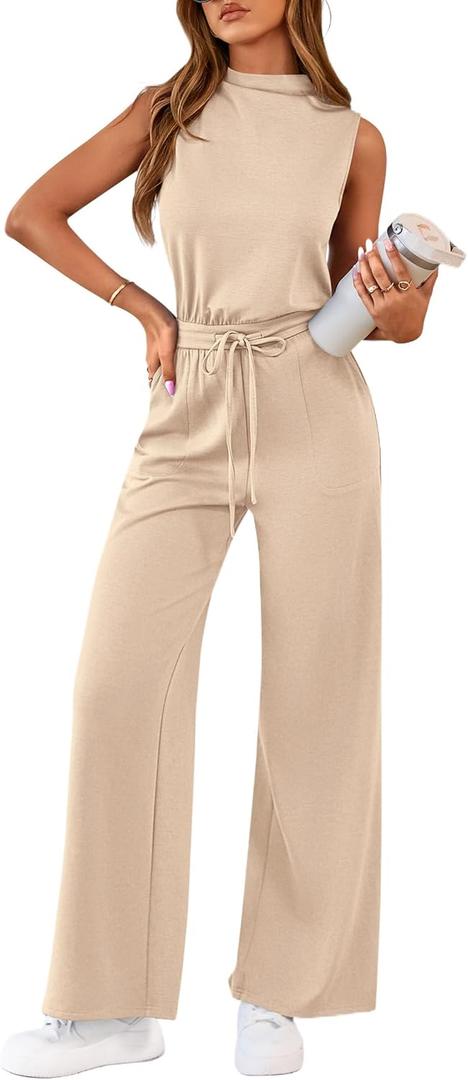 PRETTYGARDEN One Piece Jumpsuits for Women Dressy Summer Travel Outifts Casual Sleeveless Mock Neck Wide Leg Rompers(Beige,XX-Large) (Beige, XXL)