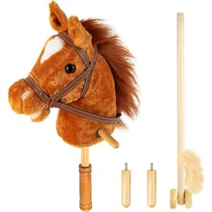 Stick Hobby Horse Riding Toy, Plush Stick Horse for Toddlers Ages 3+, Horses Ride on Toy Fun Pretend Play with Wooden Wheels and Real Pony Clip-Clop Sounds 39 Inches-Light Brown