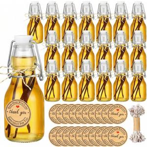 Teenyyou 20 PCS 4.05OZ Mini Flip Top Square Glass Bottle with Stoppers Decorative Swing Top Bottles Small Glass Bottles with Lids Kraft Adhesive Round Stickers for Wedding Vanilla Extract Party Favors