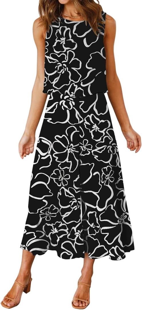 ROYLAMP Women's Summer 2 Piece Outfits Round Neck Crop Basic Top Cropped Wide Leg Pants Set Jumpsuits Black Floral M