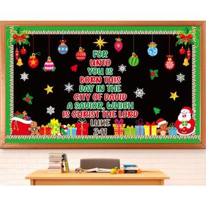Christmas Religious Bulletin Board Set Christmas Tree Classroom Decor Christian Bible Lord Xmas Gift Boxes Snowflakes Cutouts for Winter Holiday Sunday School Church Classroom Chalkboard Wall Decor
