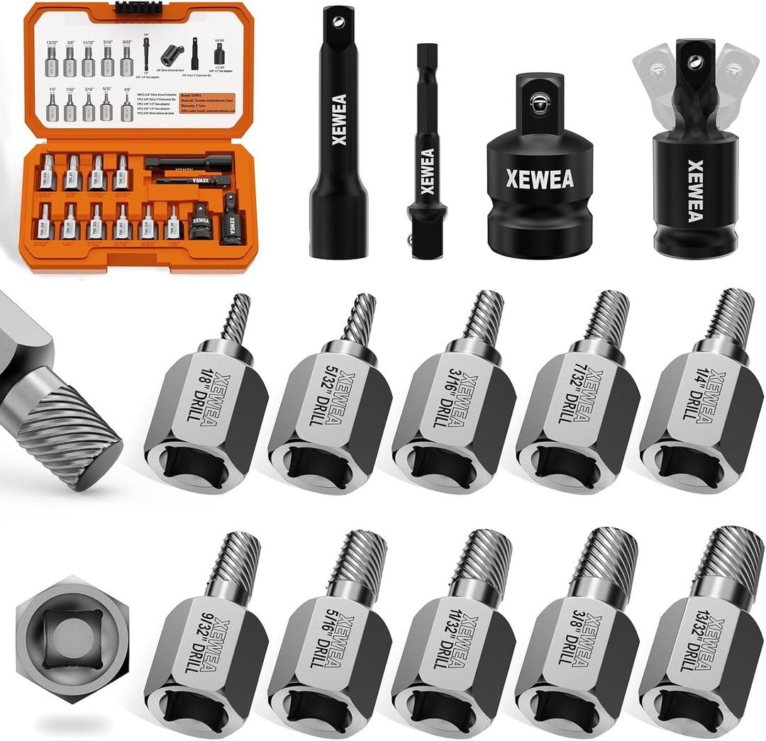 XEWEA 14PCS 3/8" Drive Screw Extractor Set, Multi-Spline Easy Out Bolt Remover Kit for Stripped Broken Bolts, Nuts & Screws, Heavy-Duty CR-MO Extraction Tools with Extension & Adapter Accessories