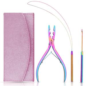 Beauty & Crafts Micro Links Hair Extensions Kit- Stainless Steel Beads Closer and Remover plier, Hair Extensions Loop Needle Pulling Hook, Bead Tool for Hair or Feather Extensions with Leather Pouch (Rainbow)
