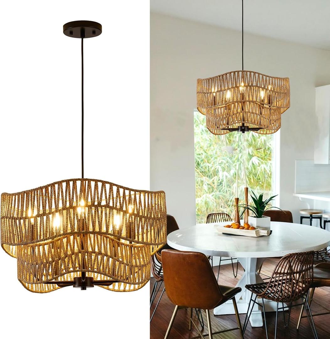 19.68" Large Rattan Chandelier, 5-Light Hand Woven Pendant Light Fixture, Farmhouse Boho Chandeliers, Adjustable Wicker Hanging Ceiling Lamp for Kitchen Bedroom Living Room Hallway Foyer