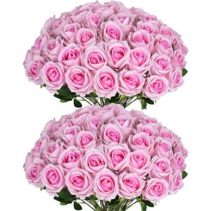 50 PCS Fake Pink Roses, Artificial Flowers Bulk Realistic Silk Faux Rose with Stems for Wedding Decoration Bridal Bouquet Birthday Celebrations DIY Floral Arrangement Home Decor
