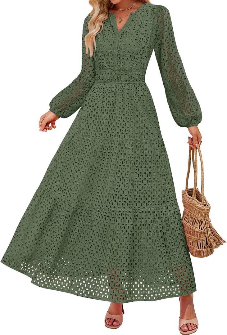 ZESICA Women's 2026 Spring Long Sleeve Maxi Dress V Neck Hollow Out Eyelet A Line Long Flowy Casual Party Dresses (Green, M)