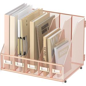 SUPEASY Desk Organizers Metal Desk Magazine File Holder with 5 Vertical Compartments Rack File Organizer for Office Desktop, Home Workspace, Rose Gold
