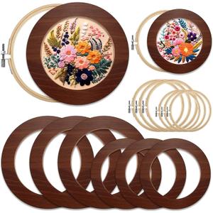 RattanView 12 Pcs 6 Inch and 8 Inch Wood Embroidery Hoop Frame with Embroidery Hoops Round Embroidery Hoops Display Frame for Finished Cross Stitch Hoop Frame DIY Art Craft Sewing Ornaments(Walnut)