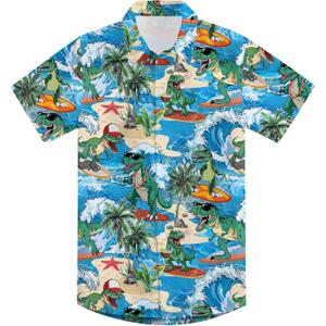 RAISEVERN 3-4T Boys Button Down Hawaiian Shirts Short Sleeve Cool Dress Shirt Tops (Dinosaur 01)