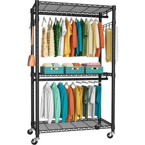 FUTASSI P1 Heavy Duty Garment Rack, 3 Tiers Adjustable Rolling Metal Closet Organizer with Lockable Wheels, FreeStanding Wardrobe with Double Hanger Rods & 1 Pair Hooks, Max Load 450 LBS, Black